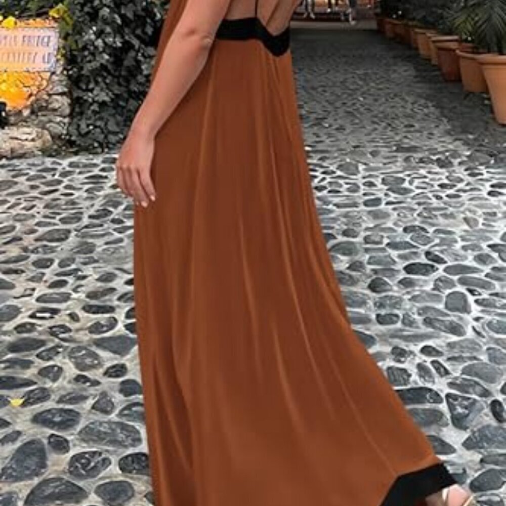 Maxi Sundress V Neck Spaghetti Strap Flowy Elegant Party Beach Vacation - Picture 4 of 8